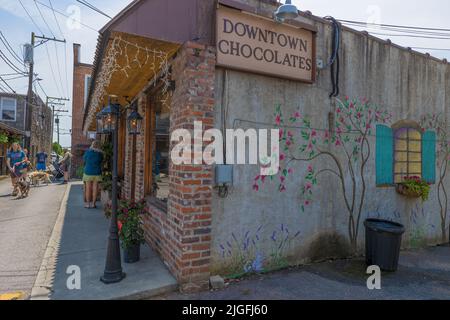 Brevard, North Carolina, USA - 25. Juni 2022: Touristen und Bewohner mischen sich in dieser kleinen Stadt, in der malerische Geschäfte und Cafés sehr beliebt sind. Stockfoto