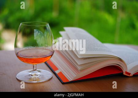 Whiskey in Schnüfferglas und buchen Sie draußen mit Bookeh Stockfoto