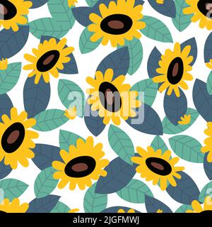 Gelbe Doodle Sonnenblume auf den Blättern. Blumen- und Blattmuster im nahtlosen Dessin. Abstrakt floral Natur Vektor Hintergrund, Mode drucken Vorlage Stock Vektor