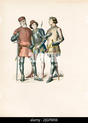 Vittore Pisani, venezianischer Admiral (gest. 1380), Squire, neapolitanischer Ritter, Italien, zweite Hälfte des 14.. Jahrhunderts, Illustration, die Geschichte des Kostüms, Braun & Schneider, München, Deutschland, 1861-1880 Stockfoto