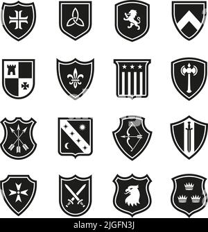 Symbole für heraldische Schilde. Schutzsymbol, Schutzschild Ehrensicherung. Antivirus-Zeichen, verschiedene Abschirmung Abzeichen der Armee, Firewall, Schutz ordentlich Vektor Stock Vektor