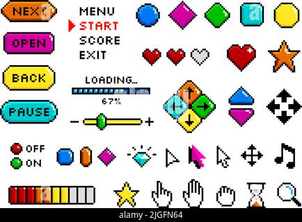 Pixel-Spiel-Taste. 8-Bit-Kunstsammlung für Spiele, ui-Interface-Grafik. Gaming-Elemente, Video-App für Spielsymbole. Ebenen Startmenü ordentliche Farbe Stock Vektor