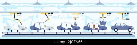 Fahrzeugförderer. Fertigung Auto mit Motor, Auto intelligente Robotik Produktionslinie. Industrielle Fertigung, Automobil-Montage-Prozess jüngsten Vektor Stock Vektor