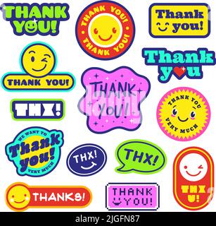 Vielen Dank Aufkleber. Dank Sticker Kollektion mit lächelnden Gesichtern. Flache, coole, trendige Danksageflappen. Psychedelische kreative Stempel aufgeräumten Vektor Stock Vektor