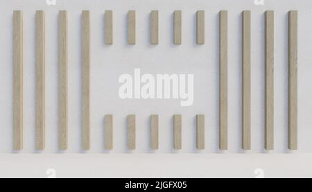 Holzlatten an einer weißen Wand. 3D Rendern Stockfoto