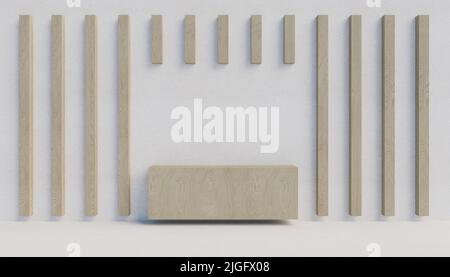 Holzlatten an einer weißen Wand. 3D Rendern Stockfoto