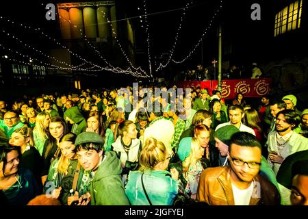 Eine Gruppe von trendigen jungen Leuten, die an einem Musikkonzert teilnehmen und Spaß in der Menge haben Stockfoto