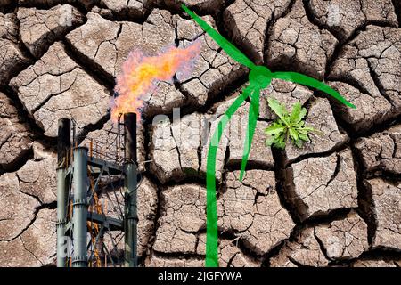 Gas Flare Stack, gebogene Windenergieanlage auf gebrochenem Erdhintergrund. Globale Erwärmung, Klimawandel... Konzept Stockfoto
