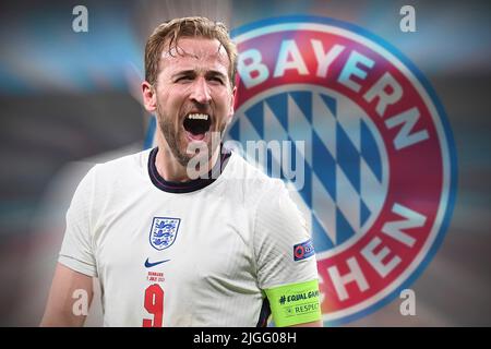 FOTOMONTAGE; Bericht: FC Bayern erwägt Unterzeichnung Harry Kane. Letzte Jubel Harry KANE (eng), Jubel, Freude, Begeisterung, Aktion, Einzelbild, zugeschnittenes Einzelmotiv, Porträt, Porträt, Porträt. Halbfinale, Spiel M50, England (eng) - Dänemark (DEN) 2-1 NV am 7.. Juli 2021 in London/Wembley Stadium. Football EM 2020 von 06/11/2021-07/11/2021. Â Stockfoto