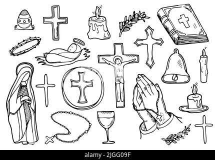 Christliche Religion Doodle Icon Set. Christianity Vector Illustration Kollektion. Kreuz und Symbole Hand gezeichnet Linie Art Stil. Osterkonzept Stock Vektor