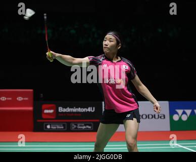 Kuala Lumpur, Malaysia. 10.. Juli 2022. Ein SE Young aus Korea tritt beim Einzel-Finale der Frauen beim Perodua Malaysia Masters 2022 in der Axiata Arena, Bukit Jalil, gegen Chen Yu Fei aus China an. Ein SE Young gewann mit Punktzahlen; 21/21 : 17/5 Credit: SOPA Images Limited/Alamy Live News Stockfoto