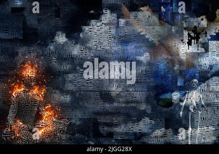 Abstrakte Wolken. Wörter. Brennender Mann in Lotushaltung. Muster aus Labyrinth auf seiner Haut. Das Skelett stellt den Tod dar. 3D Rendern Stockfoto