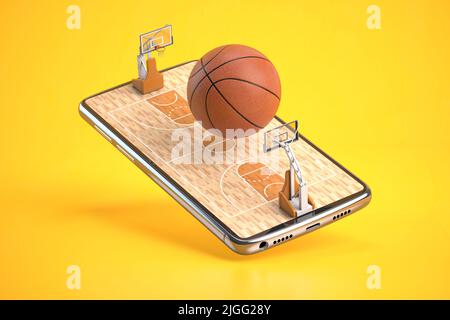 Basketballball auf einem Basketballplatz auf dem Mobiltelefon oder Smartphone. Videospiel, Wetten online und Spiel online ansehen Konzept. 3D Abbildung Stockfoto