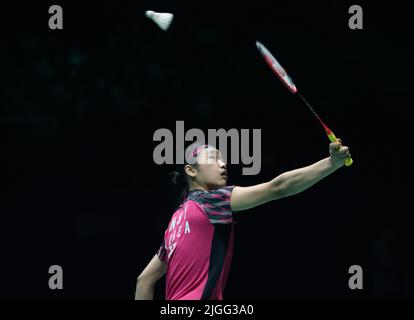 Kuala Lumpur, Malaysia. 10.. Juli 2022. Ein SE Young aus Korea tritt beim Einzel-Finale der Frauen beim Perodua Malaysia Masters 2022 in der Axiata Arena, Bukit Jalil, gegen Chen Yu Fei aus China an. Ein SE Young gewann mit Punktzahlen; 21/21 : 17/5 (Foto von Wong Fok Loy/SOPA Images/Sipa USA) Kredit: SIPA USA/Alamy Live News Stockfoto