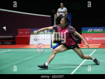 Kuala Lumpur, Malaysia. 10.. Juli 2022. Ein SE Young aus Korea tritt beim Einzel-Finale der Frauen beim Perodua Malaysia Masters 2022 in der Axiata Arena, Bukit Jalil, gegen Chen Yu Fei aus China an. Ein SE Young gewann mit Punktzahlen; 21/21 : 17/5 (Foto von Wong Fok Loy/SOPA Images/Sipa USA) Kredit: SIPA USA/Alamy Live News Stockfoto