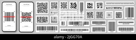Produkt-Barcodes und QR-Codes. Smartphone-Anwendung, Scanner-App. Identifizierungscode. Seriennummer, Produkt-ID mit digitalen Informationen Stock Vektor