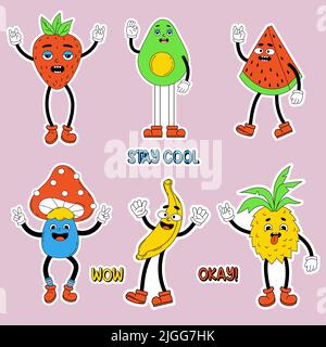 Groovige Aufkleber. Retro-Cartoon lustige Comic-Figuren Obst mit Handschuhen und Füßen. Comic-Vektor-Elemente im trendigen coolen Stil. Avocado, Erdbeer Stock Vektor