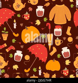 Nahtloses Herbstmuster. Kuscheliger Strickpullover und Socken, Konfitüre, Tasse und Teedose, heißer Tee, Regenschirm und Kürbis auf burgunderrotem Hintergrund mit aut Stock Vektor