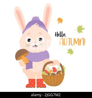 Glücklicher Hase Pilzsammler. Poster hallo Herbst. Niedliches Kaninchen in Gummistiefeln mit Pilzen und Weidenkorb und Herbstblättern. Vektorgrafik f Stock Vektor