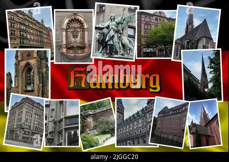 Hamburg, eine der wichtigsten Hafenstädte Deutschlands, wird von Hunderten von Kanälen durchquert und beherbergt zahlreiche Parks und historische Denkmäler Stockfoto