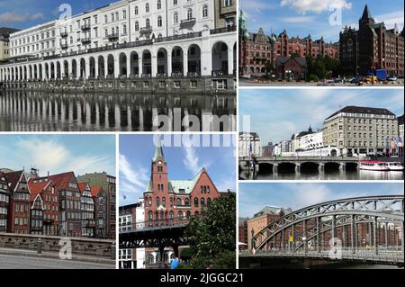 Hamburg, eine der wichtigsten Hafenstädte Deutschlands, wird von Hunderten von Kanälen durchquert und beherbergt zahlreiche Parks und historische Denkmäler Stockfoto