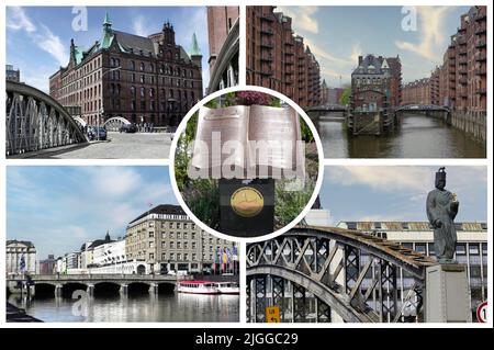 Hamburg, eine der wichtigsten Hafenstädte Deutschlands, wird von Hunderten von Kanälen durchquert und beherbergt zahlreiche Parks und historische Denkmäler Stockfoto