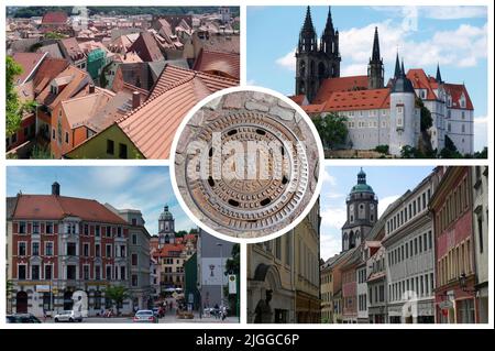 Meißen ist eine Stadt in Sachsen, Deutschland, die sehr berühmt ist für die Porzellanfabrik, die den gleichen Namen wie die Stadt hat. Stockfoto