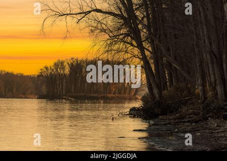 Landschaftsbild des Missouri-Seitenufer des Mississippi-Flusses gegenüber von Hamburg, IL. Stockfoto