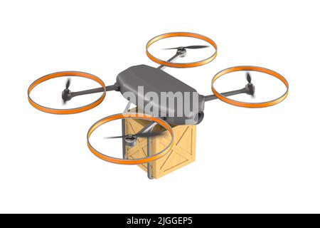 Drohne mit Cargo-Box auf weißem Hintergrund. Isolierte 3D-Abbildung Stockfoto