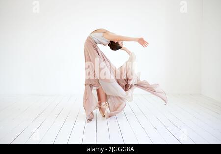 Ihre Routine erzählt eine Geschichte. Ganzkörperaufnahme einer attraktiven jungen Ballerina, die in ihrem Tanzstudio praktiziert. Stockfoto