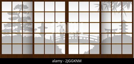 Japanische Garten Silhouette durch die Shoji ( japanische traditionelle Türfenster ) Vektor-Illustration Stock Vektor