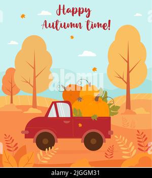 Herbstposter mit Kürbis-LKW. Herbst Erntewagen vor dem Hintergrund der herbstlichen Natur - Frohe Herbstzeit. Vektorgrafik. Vertikales Poster für Karte Stock Vektor