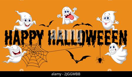 Frohe Halloween. Lustige Geister fliegen auf orangefarbenem Hintergrund Stock Vektor