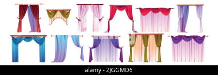 Gardinen-Set, Fenster Innendekoration, Heimtextilien verschiedene Design. Indoor hängen drape Typen lambrequin, Tüll, portiere Textil für Küche und Wohnzimmer Dekor, Cartoon-Vektor-Illustration Stock Vektor