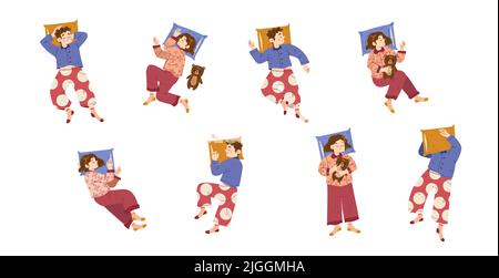 Kinder schlafen Posen, kleine Jungen und Mädchen tragen Pyjama liegen im Bett Draufsicht. Nächtliche Entspannung, Charaktere schlafen mit Kissen und Plüsch Spielzeug isoliert Linie Kunst flache Vektor-Illustration, Set Stock Vektor