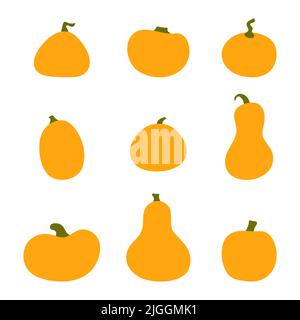 Kürbis Squash Cartoon Set für Thanksgiving oder Halloween Feiertage Design. Orangefarbene Herbstkürbisse für festliche Lampen, Aufkleber, Dekoration, Seite, Web. Ist Stock Vektor