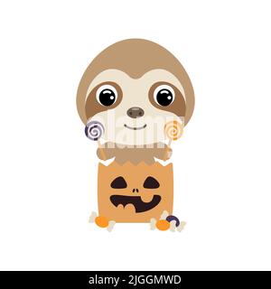 Niedliches Halloween-Faultier, das in einer Trick or Treat-Tasche mit Süßigkeiten sitzt. Cartoon Tier Charakter für Kinder T-Shirts, Baumschule Dekoration, Baby-Dusche, Greeti Stock Vektor