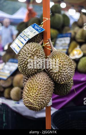 Durians auf einem frischen Markt in der malaysischen Hauptstadt Kuala Lumpur. Die stark riechende Frucht mit ihrer stacheligen Haut und gelbem Fruchtfleisch. Durian Traditiona Stockfoto