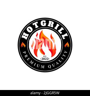 Heißes Grill-Emblem Design-Logo, Feuer- und Restaurant-Symbol, rotes Feuer-Symbol Stock Vektor