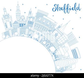 Skizzieren Sie die Skyline von Sheffield UK City mit blauen Gebäuden und Kopierfläche. Vektorgrafik. Stadtbild von Sheffield South Yorkshire mit Wahrzeichen. Stock Vektor