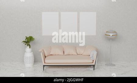Haus Innenraum Nachbau Hintergrund. Drei vertikale leere Holzrahmen, rosa Sofa. Postermock in zeitgemäßer Wohndekoration. Freier Speicherplatz für Kopien. 3D RE Stockfoto