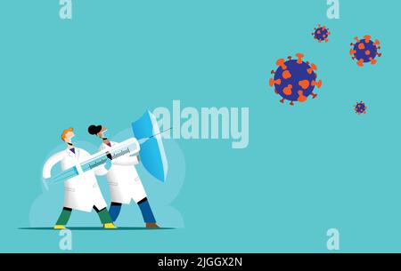 Vektor-Flat-Illustration der Impfkampagne gegen Covid-19. Ein Ärzteteam, das Coronavirus mit Schild und Spritze bekämpft und chirurgische Masken trägt. Stock Vektor