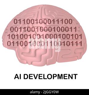 3D Illustration eines KI-ENTWICKLUNGSSKRIPTS unter einem symbolischen menschlichen Gehirn, das Binärcode aus Nullen und Einsen enthält. Stockfoto