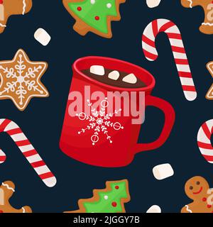 Weihnachtliches Nahtloses Muster mit heißer Schokolade, Marschlöschen, Lollipop und Lebkuchen. Vektorgrafik im Doodle-Stil Stock Vektor