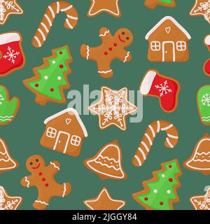 Weihnachtliche Nahtloses Muster mit Lebkuchengebäck. Vektor-isolierte Illustration Stock Vektor