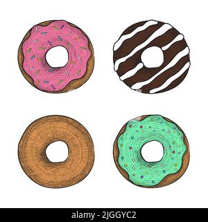 Donuts in farbigen Gravur Stil gesetzt. Handgezeichnete Vektorgrafik im Vintage-Stil. Amerikanisches Dessert Stock Vektor