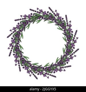 Runder floraler Rahmen mit violetten Lavendelblüten. Handgezeichneter Vintage-Stil. Vektorgrafik, Vorlage, isoliert auf weißem Hintergrund Stock Vektor