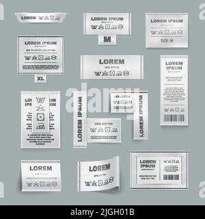 Wäscheetiketten realistischer Satz mit Anweisungssymbolen isolierte Vektordarstellung Stock Vektor