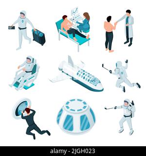 Set mit isolierten Weltraum-Tourismus isometrische Symbole mit Elementen von Raumfahrzeugen und Zeichen von kosmischen Reisenden Vektor-Illustration Stock Vektor