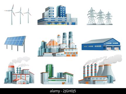 Industriegebäude flache Reihe von thermischen Kraftwerken Windenergieanlagen Hochspannungs-Stromleitung Lager isoliert Vektor-Illustration Stock Vektor